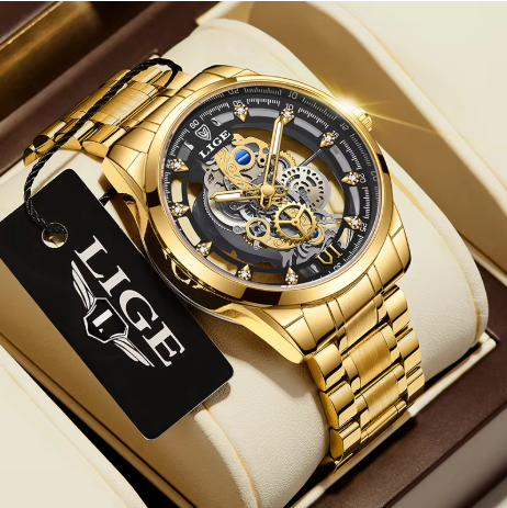 3. LIGE 2026 skeleton automatic quartz gold vintage